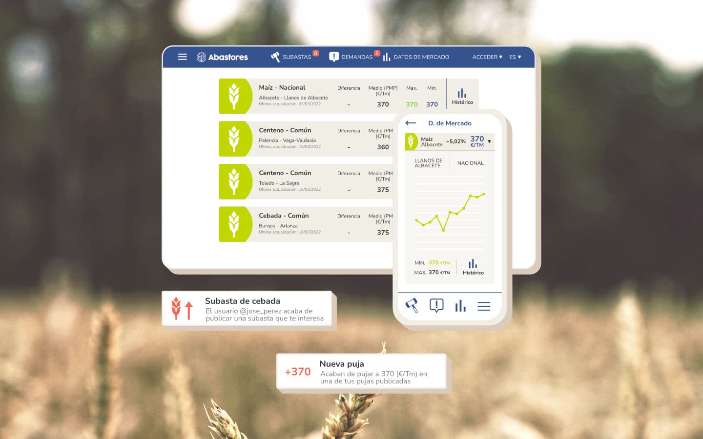 A computer interface displaying a table with cereal prices. There is a pie chart and several buttons with icons. At the bottom, there is a message indicating that a new bid has been made in a barley auction.