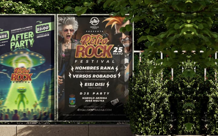 Festival posters on a vertical support in the street.