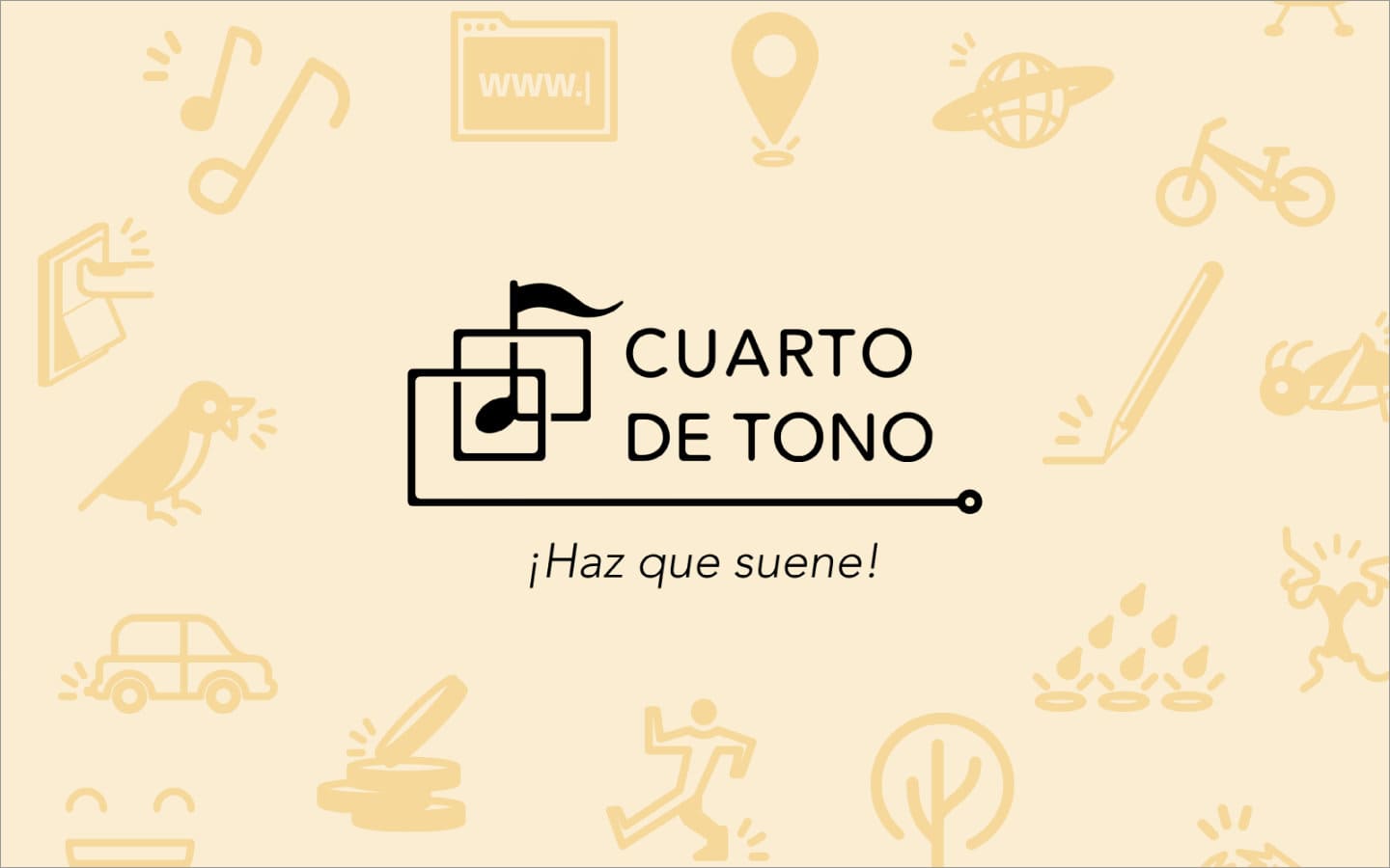 Cover with the logo of 'Cuarto de Tono' with the slogan 'Make it sound!' on a beige background with musical icons.