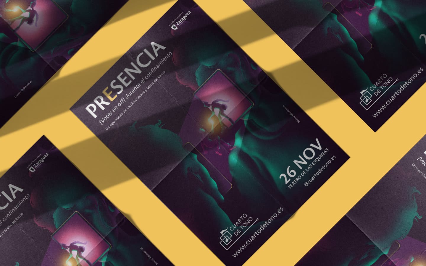 Posters of the event 'Presence' with graphic design in purple and green tones.