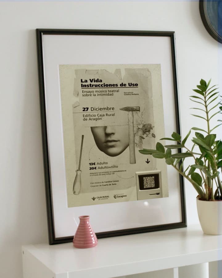Framed poster with information about the work 'Life: Instructions for Use' by Cuarto de Tono in a home environment.
