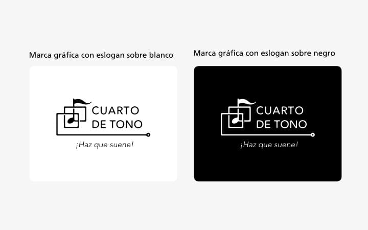 Two versions of the 'Cuarto de Tono' logo on beige and black backgrounds.