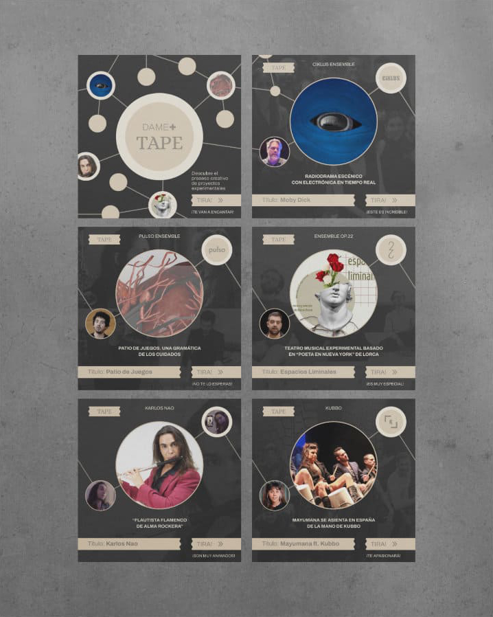 Two screens with ads and the characteristic interactive circular diagram of the 'TAPE' logo.