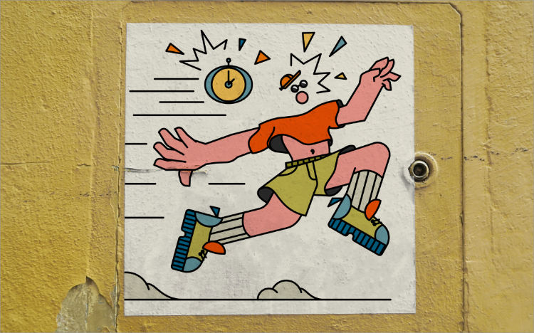 Imagen de portada de los proyectos de ilustración para Freepik en el que aparece una ilustración plana de un chico que llega tarde con ropa muy colorida