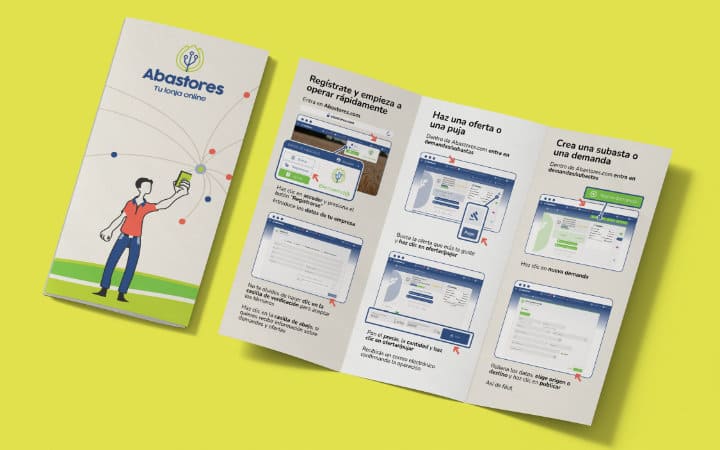 Folleto informativo de Abastores que muestra el uso de la plataforma, su logo y una ilustración.