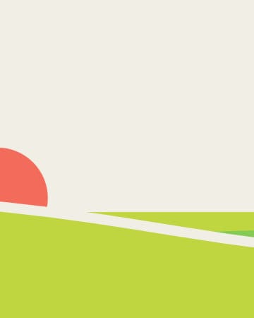 Fondo decorativo de la ilustración: amanecer simbólico hecho en gráficos vectoriales planos con un campo verde en varios tonos y el sol rojo del amanecer.