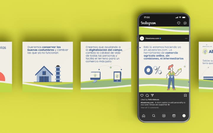 Carrousel para redes sociales en el que se muestra el proceso de digitalización de abastores a través de un comercio agrícola online, sin comisiones, ni intermediarios.