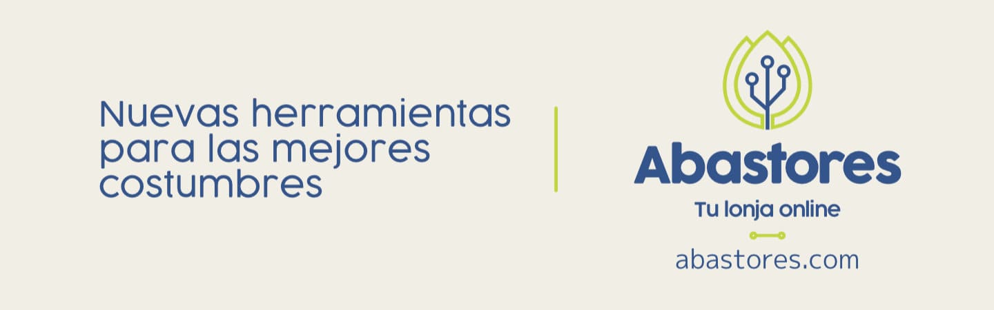 Logotipo de Abastores con lema 'Tu lonja online' y URL abastores.com