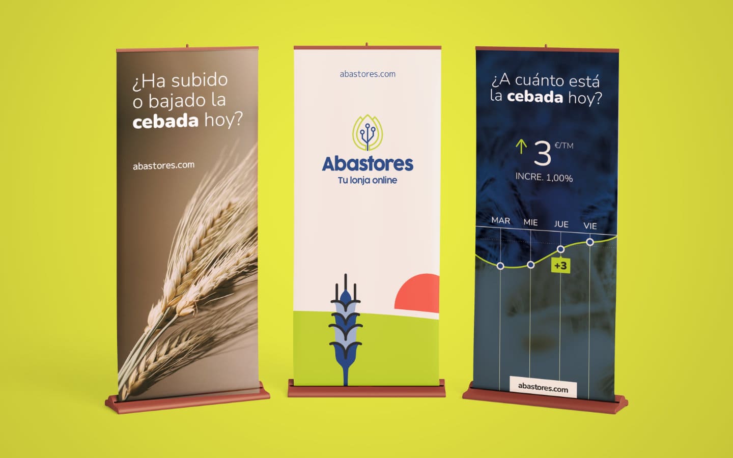 Tres banners publicitarios: izquierda con una espiga de cebada, centro con logotipo Abastores, derecha con gráfico de precios.