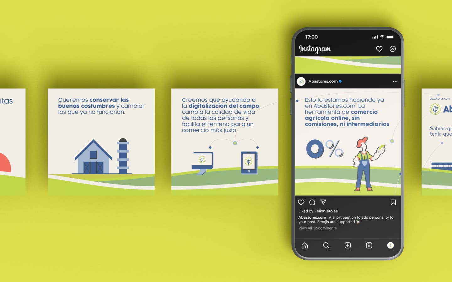 Serie de gráficos informativos de redes sociales con texto sobre agricultura en un teléfono móvil.