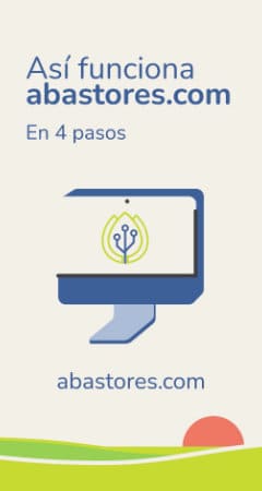 Instrucciones para usar abastores.com en 4 pasos, con logotipo y pantalla de computadora.