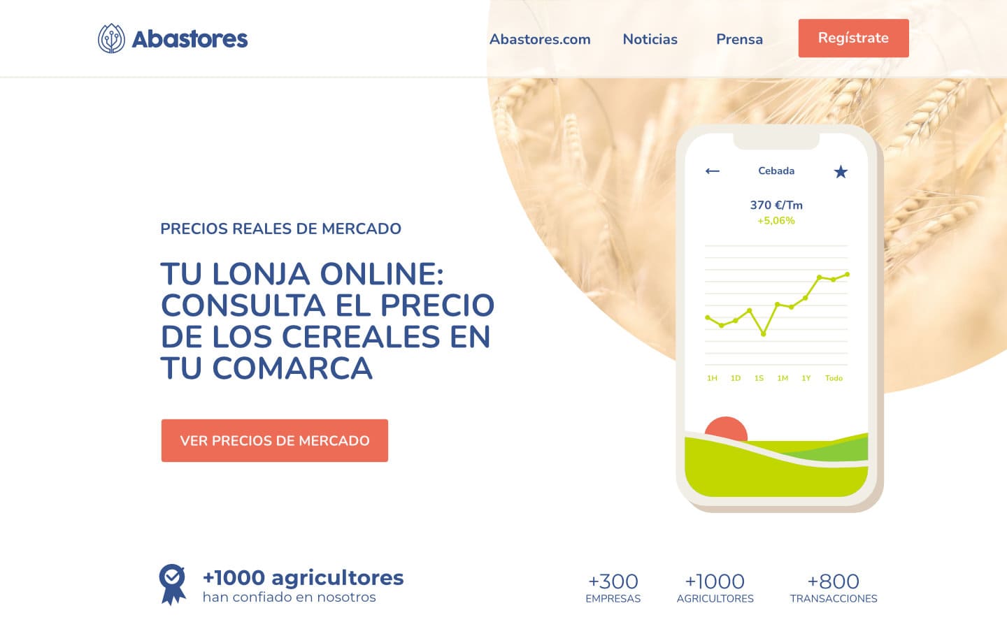 Pantalla de móvil mostrando precios de cereales y gráfico de tendencias con texto informativo.