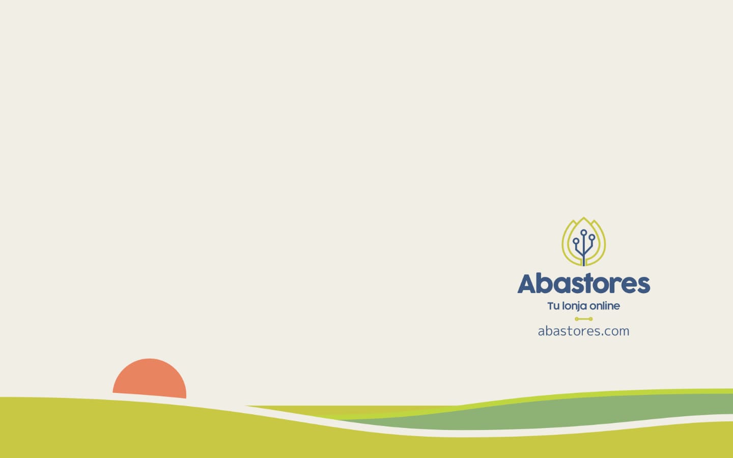 Logotipo de Abastores con URL y paisajes en tonos verdes y anaranjados.