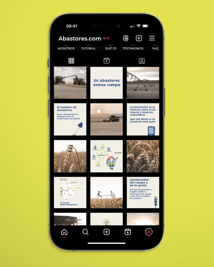 Instagram con imágenes de las redes sociales de Abastores en las que se puede ver cereales, mensajes de la marca, iconos e ilustraciones y algunos amaneceres bellos relacionados con lo que ven los trabajadores del campo cada día.