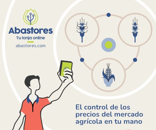 Ilustración con un personaje de Abastores, el logo de Abastores, eslogan y web en el que aparece tres iconos de la cebada, trigo y maíz y un mensaje debajo que pone 'El control de los precios del mercado agrícola en tu mano'