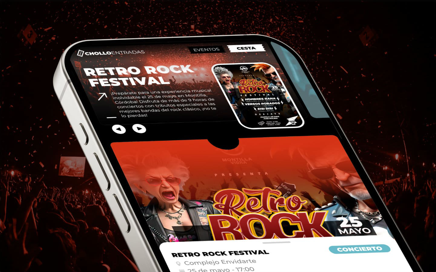 Teléfono móvil mostrando un anuncio del 'Retro Rock Festival' con fondo de público en concierto.