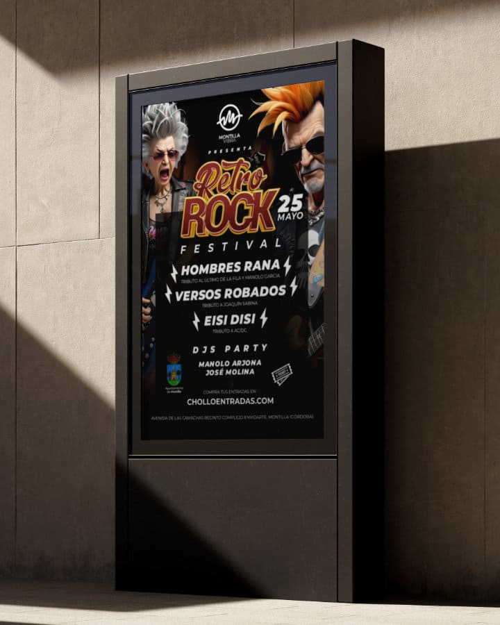Cartel del festival en un soporte vertical en la calle.