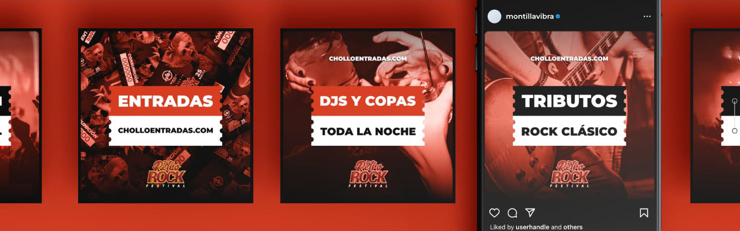 Cuatro cuadros con texto promocionando entradas, DJs, y tributos de rock clásico en redes sociales y publicidad online.