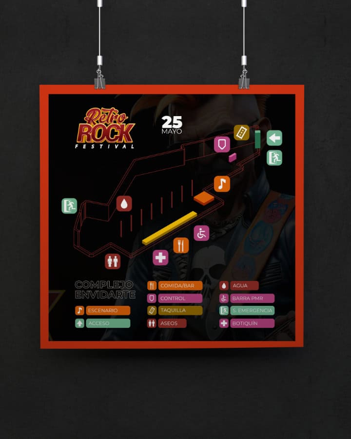 Mapa del festival con ubicaciones y rutas señaladas.