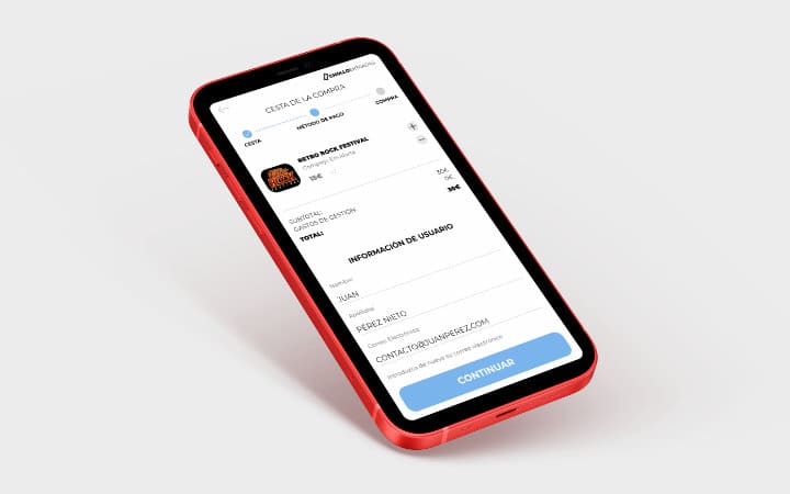 Teléfono móvil con diseño del carrito de compra de la aplicación de cholloentradas para comrpar entradas de eventos.