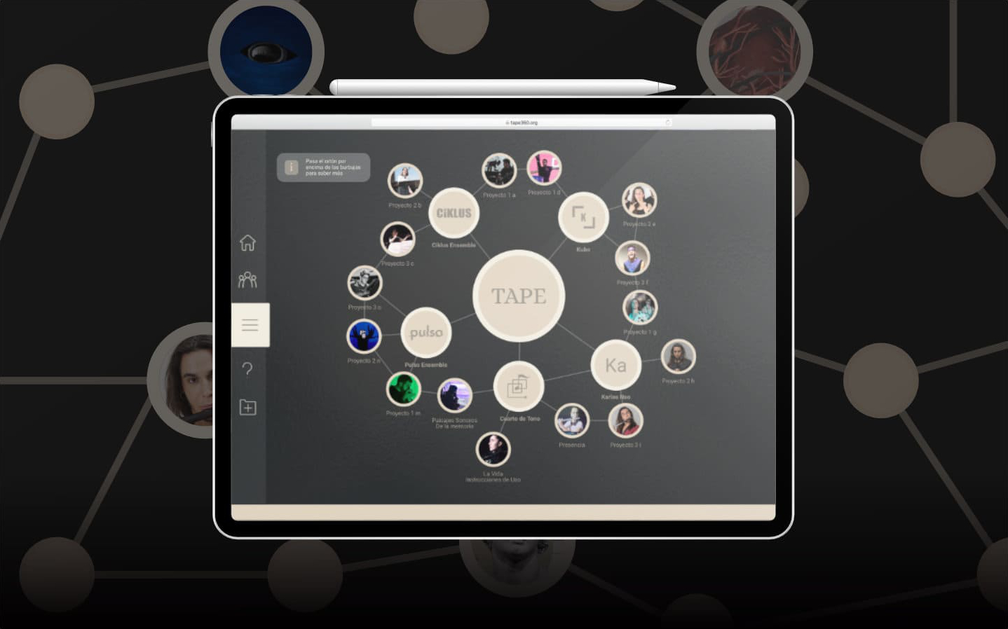 Pantalla principal de un sitio web con un diagrama circular interactivo y fotos de perfil alrededor del logo 'TAPE'.