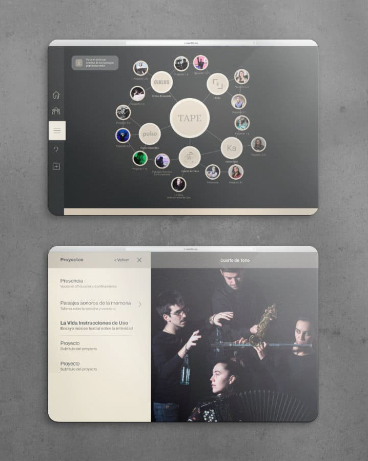 Página web mostrando una cuadrícula de proyectos creativos, una sección de 'TAPE' con descripciones.